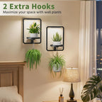 LASZOLA Plant Hangers Holder Wall Mount Indoor Window with 3 Grow Light, 3 Pack Floating Flower Stand Shelf with Hooks, Metal Picture Frame Hanging Planter Display Decor for Kitchen Bathroom, Black
