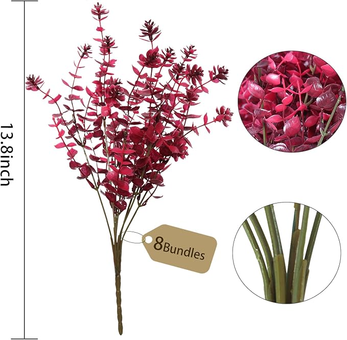 RECUTMS Faux Fall Flowers for Outside,Artificial Plants Outdoor, UV Resistant Flower Greenery Stems Faux Plastic Flowers Shrubs for Home Weddings Garden Porch Front Patio Office Decorr(Wine Red)