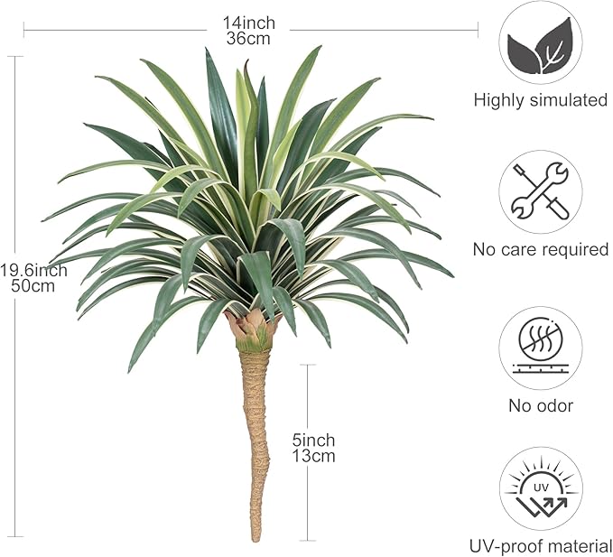 Artificial Agave Plant 19.68Inch UV Resistant Faux Agave Plant Outdoor Large Fake Plants Indoor Realistic Artificial Plants Without Pot for Outdoor Patio Garden Indoor Home Decor (2 Packs)