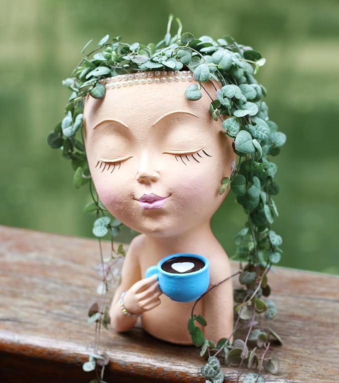 Face Pot for Plants, with a Base,Face Flower Pot for Indoor Outdoor Plants Resin Succulent Planter with Drainage Hole Cute Lady Plant Pots（Lignt Orange）