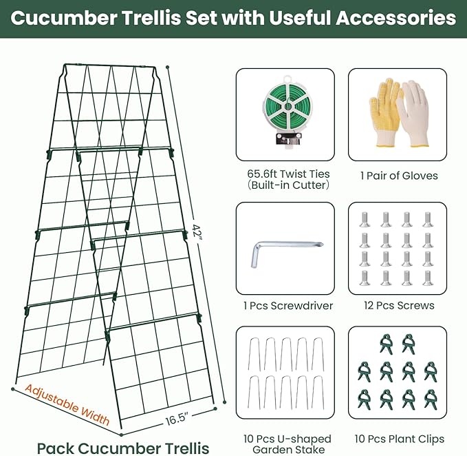 2 Pack Cucumber Trellis, 48"x16" Adjustable A-Frame Trellis for Climbing Plants, Metal Foldable Upgraded Vegetable Trellis for Raised Bed, Support for Tomatoes, Squash, Zucchini, Vegetables & Flowers