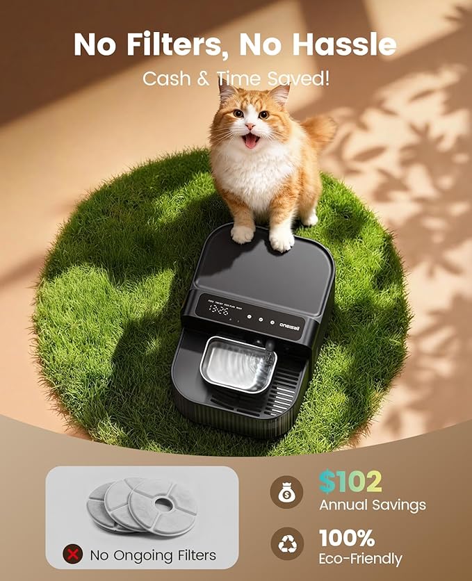 oneisall Wireless Filterless Cat Water Fountain, Separate Clean and Dirty Water Pet Fountain with Stainless Steel Bowl, 3.5L/118oz Quiet No Filter Smart FreshFill Automatic Cat Water Dispenser, Black