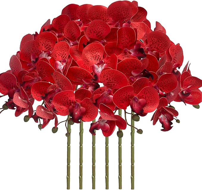 FagusHome 32 Inch Artificial Phalaenopsis Flowers 6 Pcs Artificial Orchid Flowers Stem Plants for Home Décor (Red Piebald)