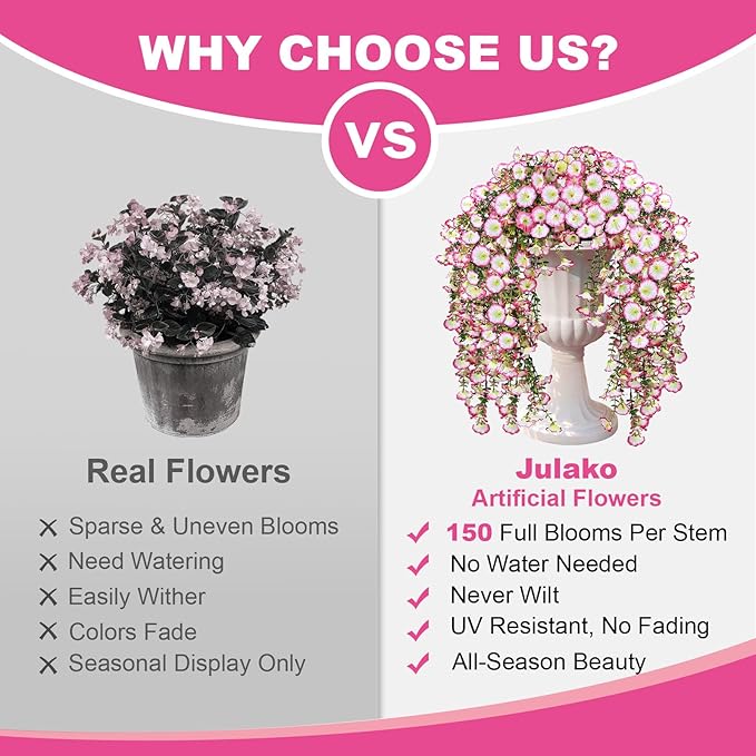 Artificial Hanging Flowers for Outdoors, 2 PCS 300 Blooms UV Resistant Morning Glory Faux Silk Vines, No-Odor Realistic Fake Plants for Garden Planter Porch Patio Decoration, Pink