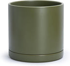 D'vine Dev 12 Inch Ceramic Planter Pot with Drainage Hole and Saucer, Indoor Cylinder Round Planter Pot, Olive, 94-O-F-J
