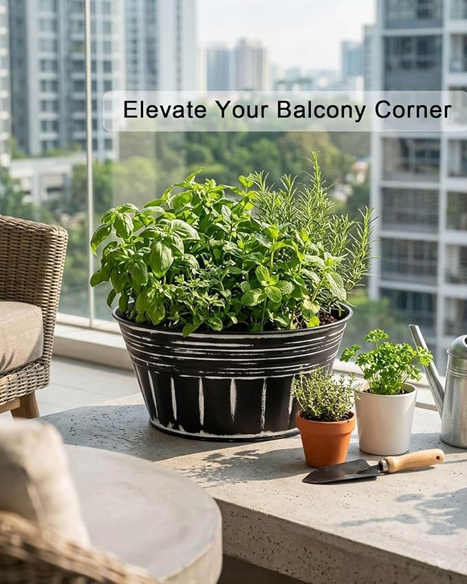 vensovo 10 Inches Black Metal Rustic Plant Pots - 4 Pcs Large Shallow Galvanized Planters with Drain Hole and Rubber Plug, Rustproof Tin Bucket Succulent Pot Indoor Farmhouse Vintage Style for Decor