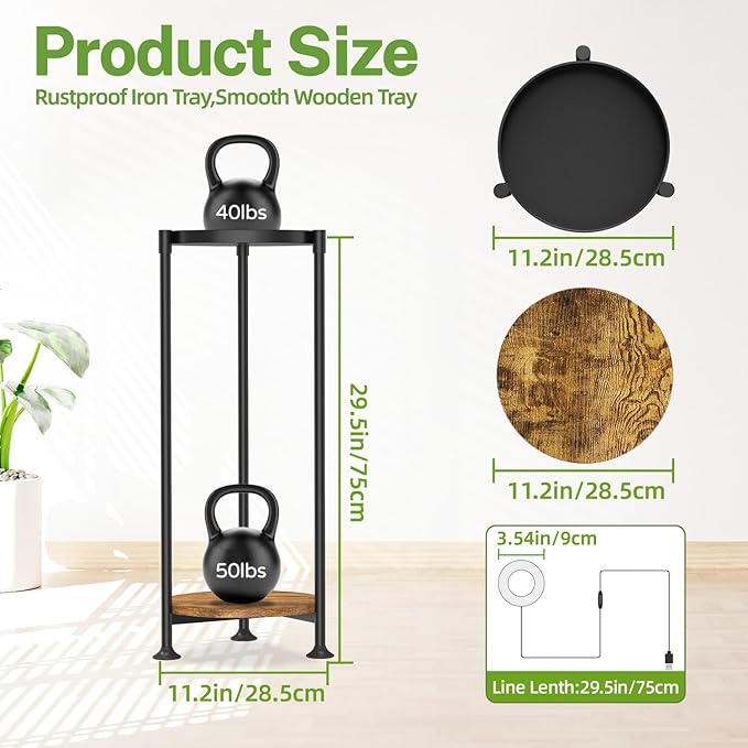 iDavosic.ly 2 Tier Plant Stand Indoor with Grow Light, 30 Inch Tall Vertical Corner Metal Flower Heavy Duty Pot Holder Shelf, Modern Black & Rustic Brown - Round