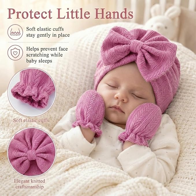 8 Sets Newborn Baby Girl Hats & Mittens, Cotton Preemie Hospital Bow Cap, No Scratch Gloves,Infant Beanies 0-3 Months