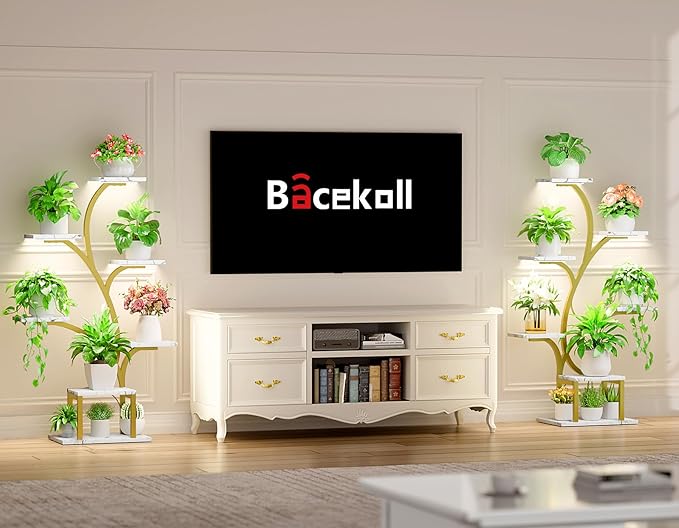 BACEKOLL Plant Stand Indoor with Grow Lights, 7 Tiered Indoor Plant Shelf, 49" Corner Plant Stands for Indoor Plants, Metal Plant Flower Display Shelf, Tree-Shaped Plant Rack for Home, Faux Marble