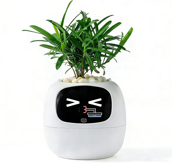 Intelligent Flower Pot, Electronic Bud, Maintenance Plant Assistant, Fun Interactive Flower Pot, Indoor Green Planting Monitoring, LCD Screen Display, Cell Phone APP Connection (White)