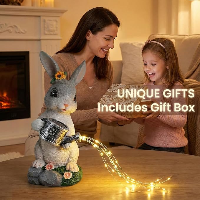 Solar Rabbit Garden Statues Outdoor Decor, Resin Rabbit Figurine Decorations with Solar Light, Whimsical Bunny Sculpture for Garden Patio, Balcony, Yard, Lawn Ornament