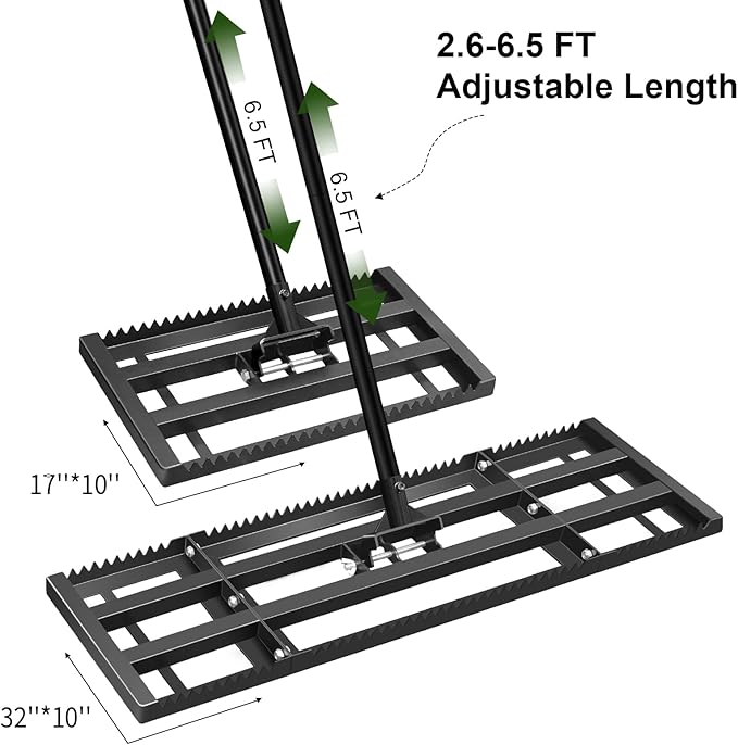 Lawn Leveling Rake-17''x10 Heavy Duty Leveler Reinforced Landscape Tool, Steel Lawn Rake with Serrated Edge & Smooth Plate for Level Soil Compost Sand Grass Dirt Yard Garden 6.5FT Adjustable Handle