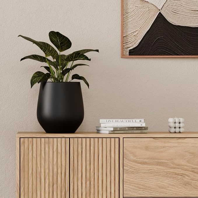 21" H x 19" D Premium Corso Fiberstone Round Tapered Planter with Drainage Hole, Weather Resistant for Indoor and Outdoor Use, Included 2 Extra Coco Mats (Black, 15" Pot Opening)