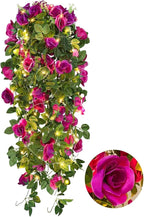 RECUTMS Artificial Hanging Rose Flower 2PCS 3.3Ft Flowers for Outdoors with 30 LED Fairy String Lights Fake Indoor Outdoor Wall Wedding (Purple)