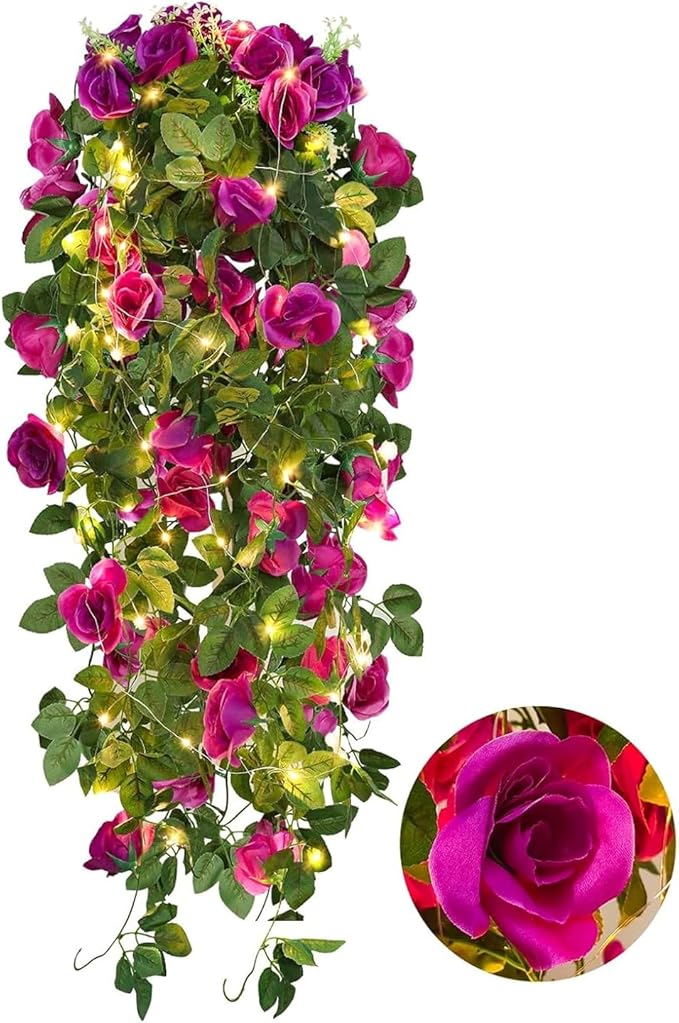 RECUTMS Artificial Hanging Rose Flower 2PCS 3.3Ft Flowers for Outdoors with 30 LED Fairy String Lights Fake Indoor Outdoor Wall Wedding (Purple)