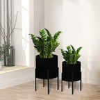 ARNIS Modern Plant Pots, Large Planters with Stand, Set of 2 Decorative Planters, Metal Plant Pots with Drainage Holes for Living Room, Office, Garden or Balcony, 10.5 &12.25 Inch, Black