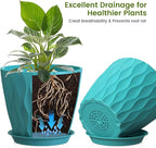 UOUZ 8 Inch Plant Pots, 4 Pack Plastic Planters for Indoor Outdoor with Drainage Holes & Saucers, Waffle Texture Flower Pots for Indoor Plants, Indoor Plant Pots for Monstera, Fiddle Leaf Fig Blue