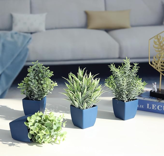 summer flower Set of 4 Fake Plants in Pot Small Artificial Eucalyptus Potted Plant Mini Wheat Grass Ferns Faux Greenery for Home Indoor Office Table Bathroom Farmhouse Decorations Blue