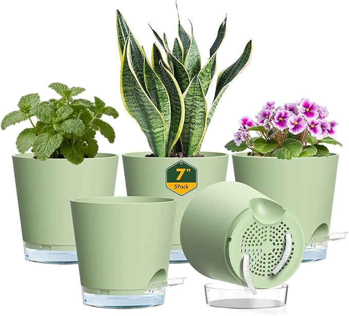 Meowell 7 inch Self Watering Pots for Indoor Plants, 5 Pack Plant Pots with Drainage Holes & Clear Reservoir for Visible Water Level, Plastic Wicking Planter Pots for House Plants and Flower, Green
