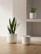 LE TAUCI Fluted Ceramic Planters, 8.3/7/6 Inch Indoor Pots for Plants with Drainage Holes & Mesh, Modern Matte Glaze Cylinder Plant Pot for Snake Plant, Set of 3, White