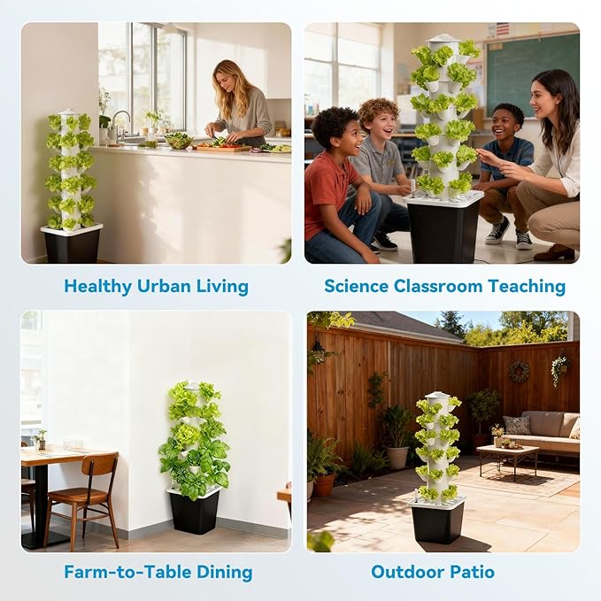 JESLED Hydroponic Tower with Tent, Hydroponics Growing System with 5000K Full-Spectrum Grow Lights, Dual Timers for Auto Watering & Lighting, Grows 30 Herbs & Vegetables, 10L Water Tank, High 37"