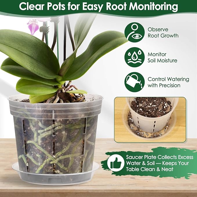 9 Pack Plastic Orchid Pots with Holes, 4, 5, 6 Inch Clear Orchid Pots for Repotting with Saucers Drainage and Plant Stakes, Large Small Breathable Orchids Planter Plant Pot
