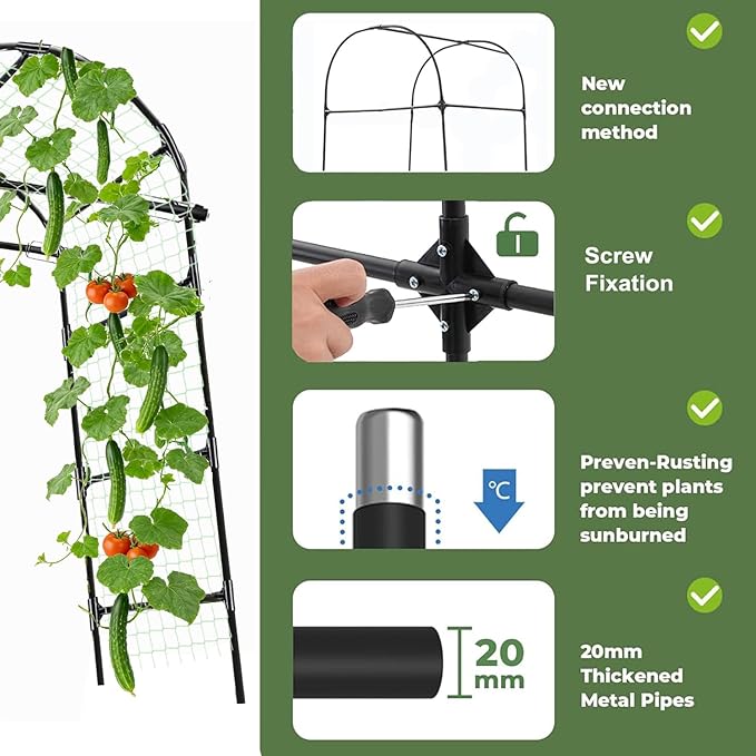 Garden Arch Trellis for Climbing Plants Outdoor - (Black, 81x36x32in) Cucumber Trellis for Raised Bed with Net, Garden Trellis for Climbing Plants, Cucumber, Vegetable, Tomato, Flowers 20mm Thick