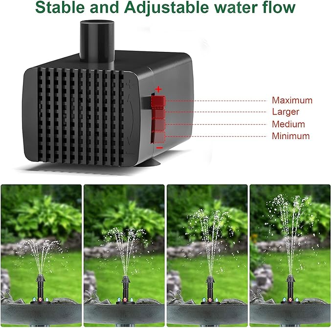 Jutai 24-Hours Working Bird Bath Fountains Electric, Adjustable Quiet Water Fountain Pump with LED Lights for Garden,Small Fish Tank, Pond,Water Features - 7 Nozzles,16.4Ft Power Cord