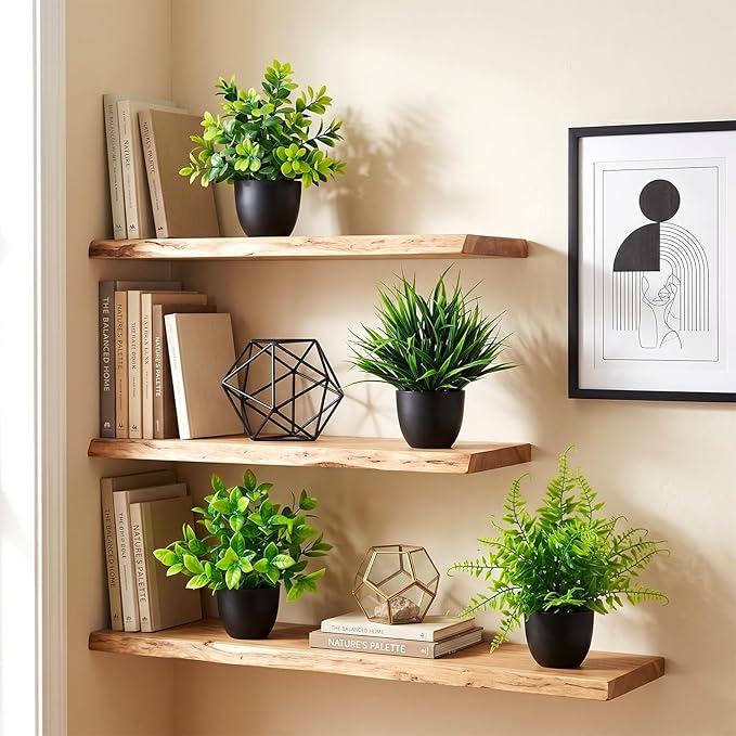 4 Pack Mini Artificial Plants Fake Potted Plants for Home Office Bathroom Shelf Desk Decor, Small Faux Greenery with Black Pots, Assorted Faux Grass & Leaf Plants for Indoor Aesthetic Decoration