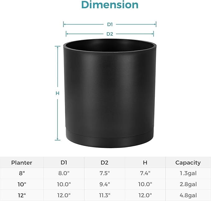 FaithLand 8-Inch Modern Cylinder Planter, Thick-Walled Plastic Plant Pot with Drainage Holes and Detachable Saucer, Matte Black, Ideal for Indoor & Outdoor Plants Flowers