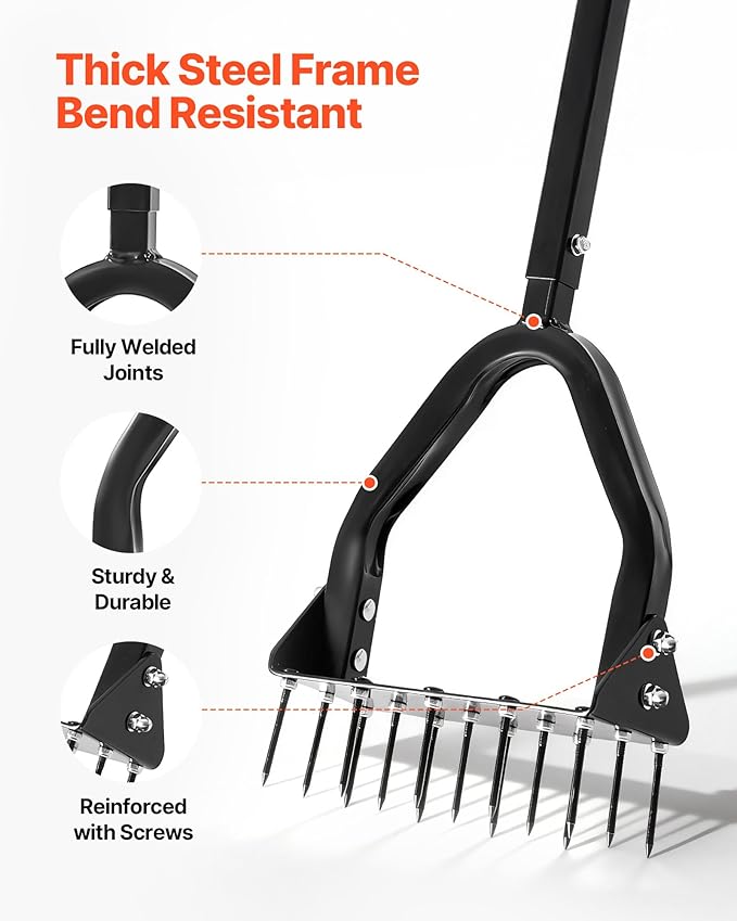 VEVOR Lawn Aerator, 9.2 in Manual Core Aerator Tool with 15 Iron Spikes, Long Handle & Wide Plate, Heavy Duty Grass Aeration Tool, Yard Aerators for Compacted Hardened Soil Lawn Aeration