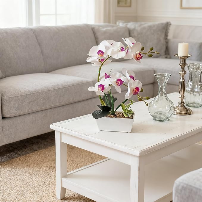 White Orchids Artificial Flowers Fake Orchid in Pot Phalaenopsis Flower Large Faux Orchid Plant Real Looking Fake Flowers Table Decor for Living Room Centerpieces Indoor Bathroom Plants