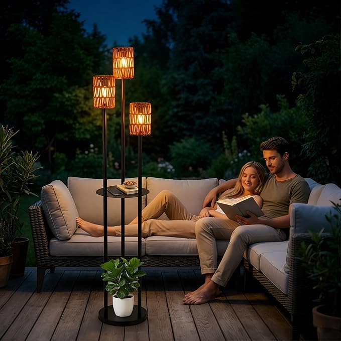 Solar Outdoor Floor Lamp Waterproof, Cordless Outdoor Lamps for Patio with Shelves Plant Stand, Rattan Solar Lamp for Outside, Wireless Outdoor Light for Yard Garden Deck Porch Decor