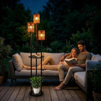 Solar Outdoor Floor Lamp Waterproof, Cordless Outdoor Lamps for Patio with Shelves Plant Stand, Rattan Solar Lamp for Outside, Wireless Outdoor Light for Yard Garden Deck Porch Decor