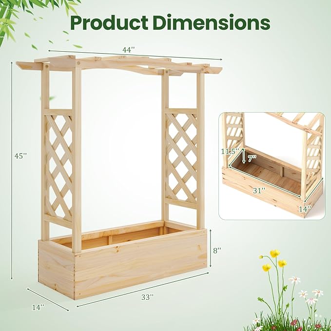 Giantex Set of 2 Raised Garden Bed with Sided Trellis & Hanging Roof, Wood Planter Box, Freestanding Garden Planter Raised Bed for Flowers Herbs Climbing Vines 44”x14”x45” (L x W x H)