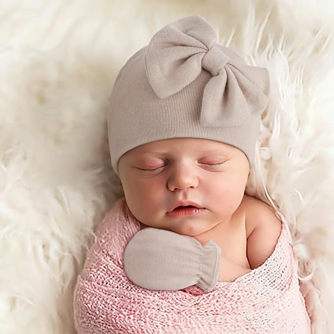 BQUBO Newborn Baby Girls Hats Mittens Set Hospital Hat Beanie Infant Bow Hats Baby Cotton Gloves for 0-6 Months