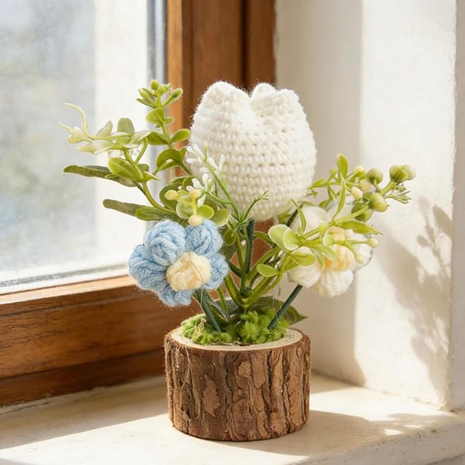 Handmade Crochet Flowers for Women Office Desk Decor, Durable Crocheted White Tulip Flower Gifts for Mom, Friends, Coworkers, Positive Knitted Flower for Christmas Home Decoration
