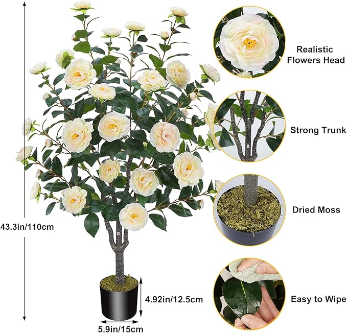 3.6FT Artificial Camellia Fake Tree, Artificial Plants & Flowers with 32 Yellow Pink Flowers for Door Front Decoration Porch Patio Living Room Office Indoor Outdoor Decoration (Contains Faux Moss)