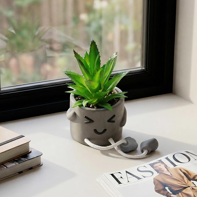 Cute Artificial Succulent Plant in Cement Pot with Hanging Legs - Kitchen Shelf, Bathroom, Office Wall Decoration, Mini Fake Succulents Decor Accents for Desk Shelf - Set of 1