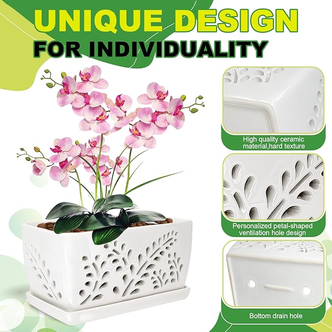 Ceramic Orchid Pot, 10 Inch Orchid Pots with Holes, Premium Thickened Handmade Glazed Pot for Orchidaceae Plants, Indoor Outdoor Decorative Flower Pots for Easy Repotting