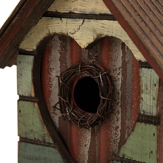 Glitzhome Hanging Bird House for Outdoor, 8.75" H Decorative Pet Cottage Distressed Heart Wooden Birdhouse for Outside, Garden Birdhouse for Bluebird Hummingbird Wren Finch Cardinals Cedar