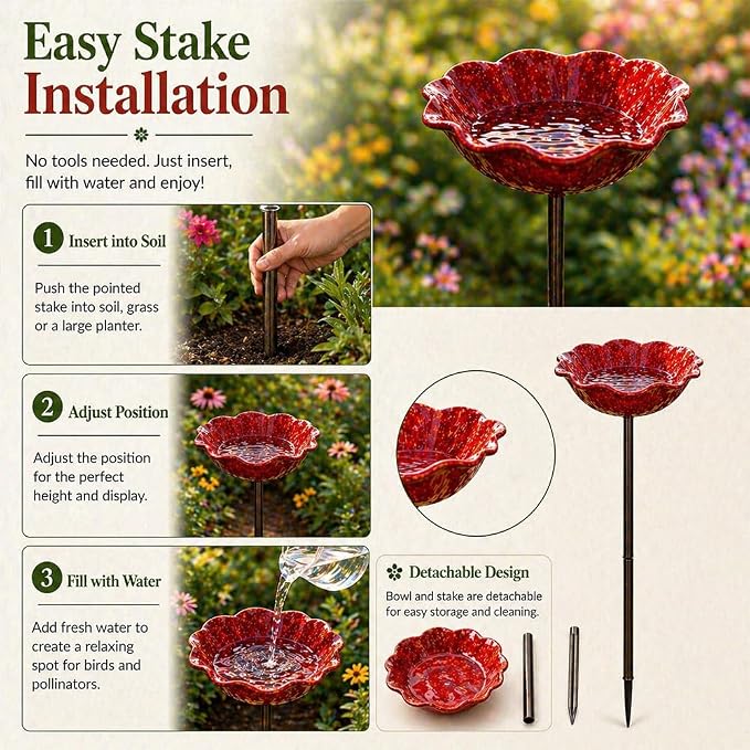 Metal Flower Garden Stakes Bird Bath, Handmade Metal Flower Garden Stake with Bee Bath, Bird Water Bowl Water Station for Outdoor Yard Lawn Patio Decor (Purple)