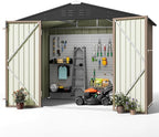 Greesum 8x6FT Outdoor Storage Shed, Utility Tool Shed with Sloping Roof, Metal Storaged Garden Shed with Door & Lock for Patio Storage, Brown