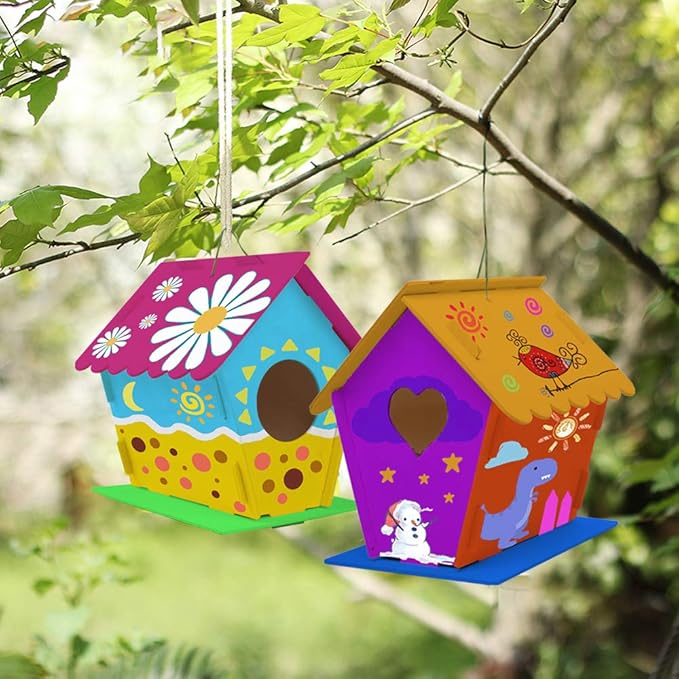 hapray 2 Pack Bird House Kit, DIY Birdhouse Kits, Wooden Crafts Arts for Children to Build and Paint (Includes Paints & Brushes) for Kids Girls Boys Toddlers Halloween Gifts