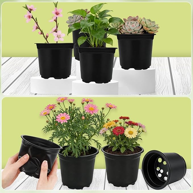 Augshy 110 Pcs 5 Inch Black Plastic Plant Pots, Nursery Pots for Succulents Seedlings, Small Plant Pots with Drainage Holes, Plastic Garden Pots for Home Gardening