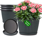 Myfeegoin Planter-Pots-for-Plants-Indoor-Outdoor, 4 Pack 10 Inch Plastic Flower Pots with Saucer & Drainage Holes, Modern Garden Planters for Planting Medium Large Plants，Decorative Resin Garden Pots