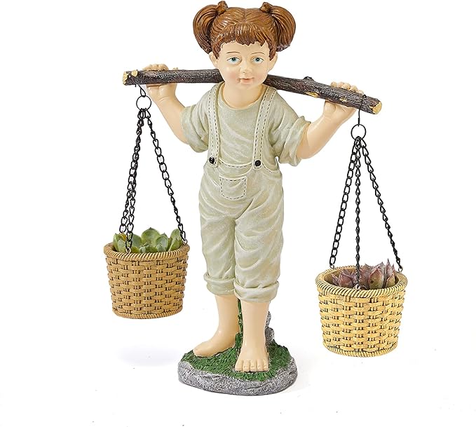 Large Flowers Girl Garden Statue In Stone, Flower & Succulent Planter, Pot Carrying Plants, Pots, Adorable Yard Decor | Indoor & Outdoor Ornament Cute Figurine Lawn, Patio, Home Decoration - 15” x 15”