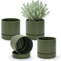 Phoenix Vine 6 Inch Planter Pot with Drainage Hole & Saucer, Deep Water Catch Tray, Straight Cylindrical Round Pot for Plants, Olive, Pack of 4, 23-F-S-4