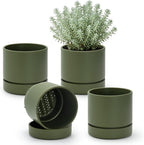 Phoenix Vine 6 Inch Planter Pot with Drainage Hole & Saucer, Deep Water Catch Tray, Straight Cylindrical Round Pot for Plants, Olive, Pack of 4, 23-F-S-4
