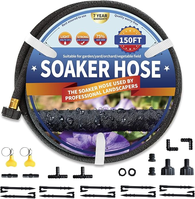 Soaker Hose 150 FT for Garden with Kit, 1/2’’ Soaker Hoses for Foundation Watering, 150 FT Drip Soaking Hose for Vegetable Beds (150 FEET)